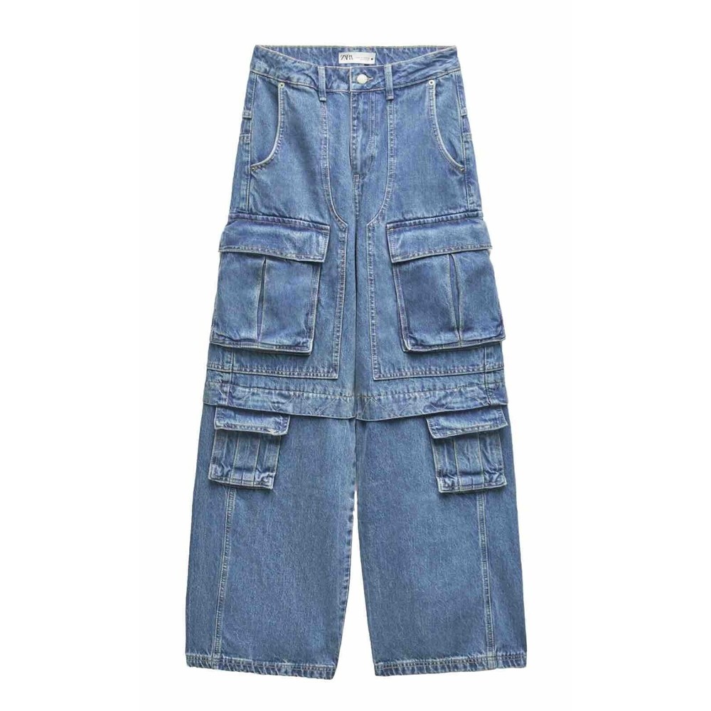 Zara Light Blue Wide-Leg Cargo Jeans